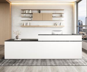 English Elm 71 Inch L-Shaped Reception Desk with Lockable Storage and Built-In Cable Management T6026S00007