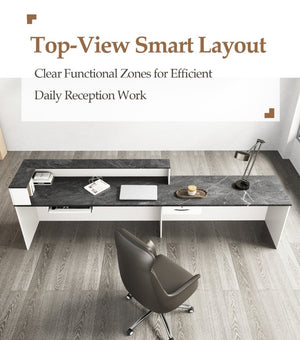 English Elm 71 Inch L-Shaped Reception Desk with Lockable Storage and Built-In Cable Management T6026S00007