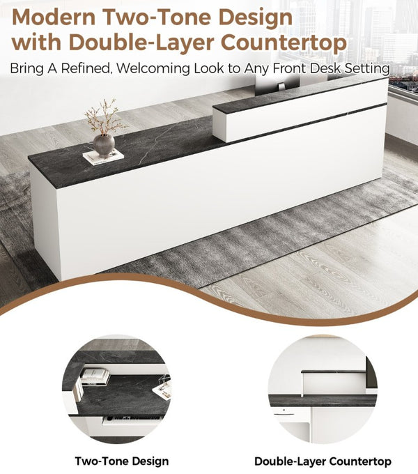 English Elm 71 Inch L-Shaped Reception Desk with Lockable Storage and Built-In Cable Management T6026S00007