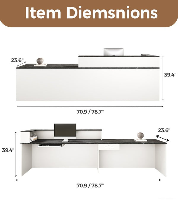 English Elm 71 Inch L-Shaped Reception Desk with Lockable Storage and Built-In Cable Management T6026S00007