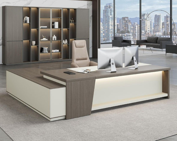 English Elm 79 Inch L Shaped Corner Workstation with LED Lighting Built in Power and Lockable Storage T6026S00008