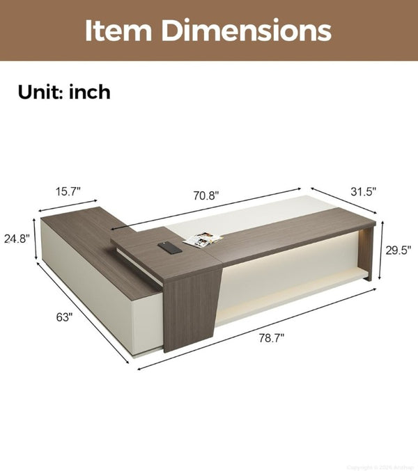 English Elm 79 Inch L Shaped Corner Workstation with LED Lighting Built in Power and Lockable Storage T6026S00008