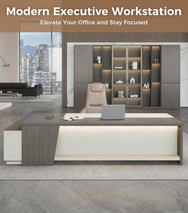 English Elm 79 Inch L Shaped Corner Workstation with LED Lighting Built in Power and Lockable Storage T6026S00008