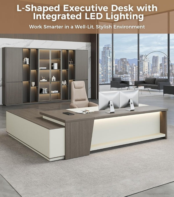 English Elm 79 Inch L Shaped Corner Workstation with LED Lighting Built in Power and Lockable Storage T6026S00008