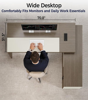 English Elm 79 Inch L Shaped Corner Workstation with LED Lighting Built in Power and Lockable Storage T6026S00008
