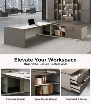 English Elm 79 Inch L Shaped Corner Workstation with LED Lighting Built in Power and Lockable Storage T6026S00008
