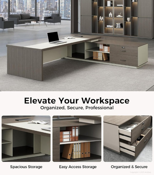 English Elm 79 Inch L Shaped Corner Workstation with LED Lighting Built in Power and Lockable Storage T6026S00008