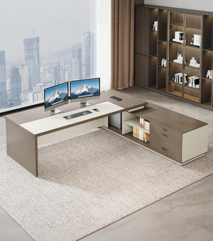 English Elm 79 Inch L Shaped Corner Workstation with LED Lighting Built in Power and Lockable Storage T6026S00008