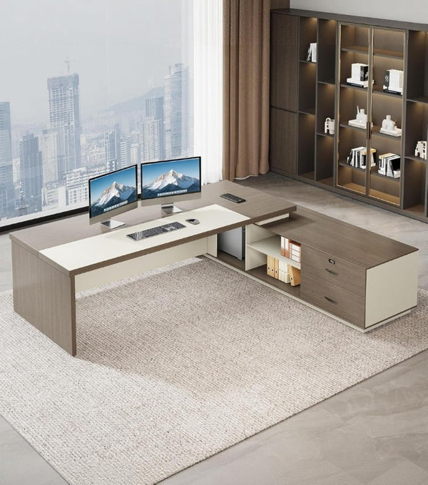 English Elm 79 Inch L Shaped Corner Workstation with LED Lighting Built in Power and Lockable Storage T6026S00008