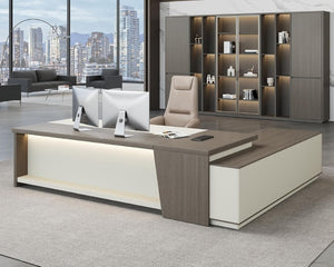 English Elm 79 Inch L Shaped Corner Workstation with LED Lighting Power Outlets and Locking File Storage T6026S00009