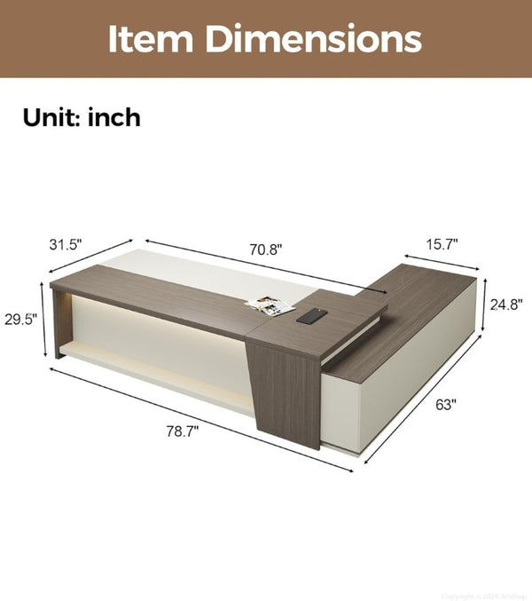 English Elm 79 Inch L Shaped Corner Workstation with LED Lighting Power Outlets and Locking File Storage T6026S00009
