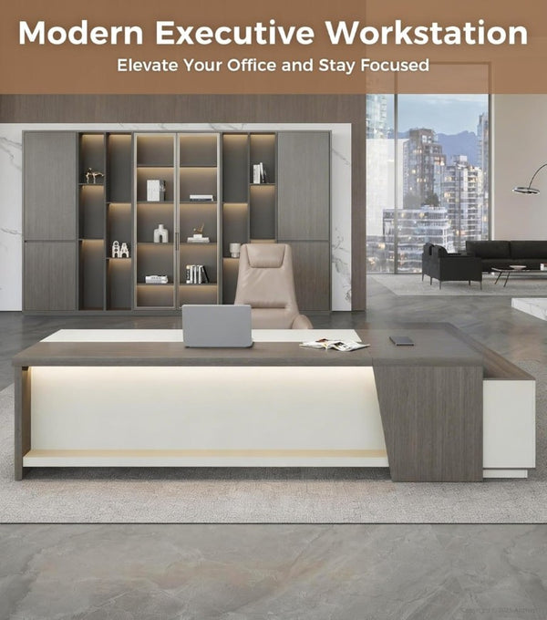 English Elm 79 Inch L Shaped Corner Workstation with LED Lighting Power Outlets and Locking File Storage T6026S00009