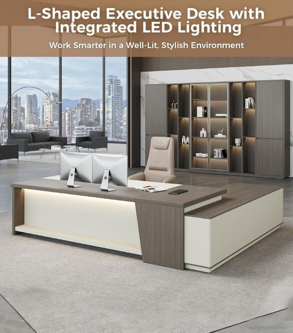 English Elm 79 Inch L Shaped Corner Workstation with LED Lighting Power Outlets and Locking File Storage T6026S00009