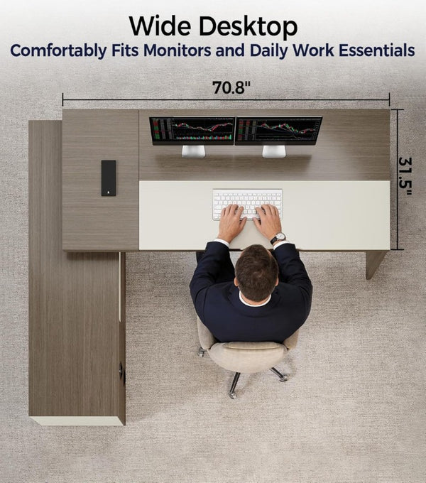 English Elm 79 Inch L Shaped Corner Workstation with LED Lighting Power Outlets and Locking File Storage T6026S00009
