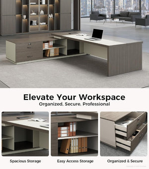 English Elm 79 Inch L Shaped Corner Workstation with LED Lighting Power Outlets and Locking File Storage T6026S00009