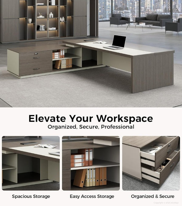 English Elm 79 Inch L Shaped Corner Workstation with LED Lighting Power Outlets and Locking File Storage T6026S00009