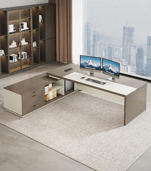English Elm 79 Inch L Shaped Corner Workstation with LED Lighting Power Outlets and Locking File Storage T6026S00009