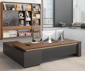 English Elm 63 Inch L-Shaped Executive Desk with LED Lighting Built-In USB Charging and Locking Drawer T6026S00010