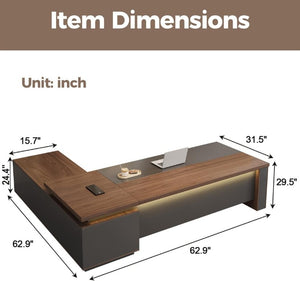 English Elm 63 Inch L-Shaped Executive Desk with LED Lighting Built-In USB Charging and Locking Drawer T6026S00010