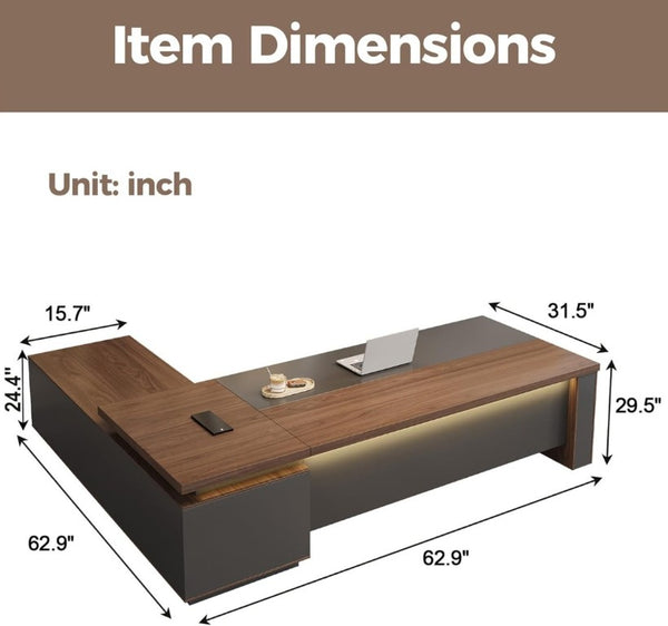 English Elm 63 Inch L-Shaped Executive Desk with LED Lighting Built-In USB Charging and Locking Drawer T6026S00010