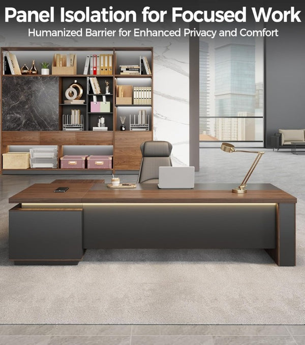 English Elm 63 Inch L-Shaped Executive Desk with LED Lighting Built-In USB Charging and Locking Drawer T6026S00010