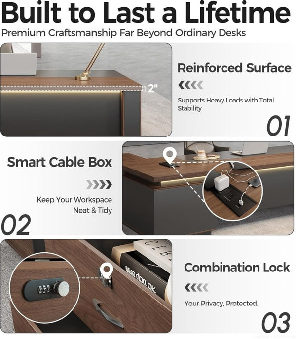 English Elm 63 Inch L-Shaped Executive Desk with LED Lighting Built-In USB Charging and Locking Drawer T6026S00010