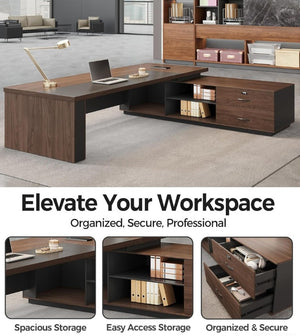 English Elm 63 Inch L-Shaped Executive Desk with LED Lighting Built-In USB Charging and Locking Drawer T6026S00010
