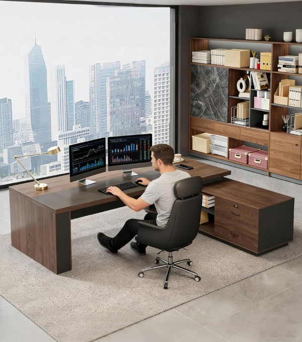 English Elm 63 Inch L-Shaped Executive Desk with LED Lighting Built-In USB Charging and Locking Drawer T6026S00010