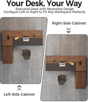 English Elm 63 Inch L-Shaped Executive Desk with LED Lighting Built-In USB Charging and Locking Drawer T6026S00010