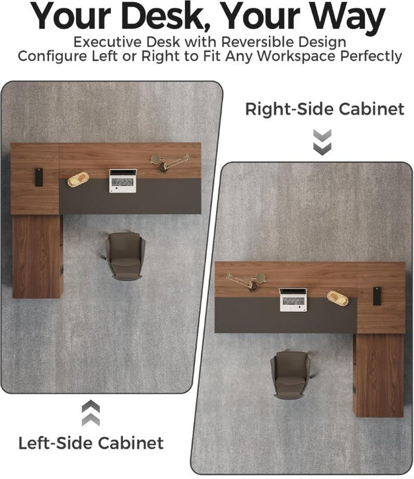 English Elm 63 Inch L-Shaped Executive Desk with LED Lighting Built-In USB Charging and Locking Drawer T6026S00010