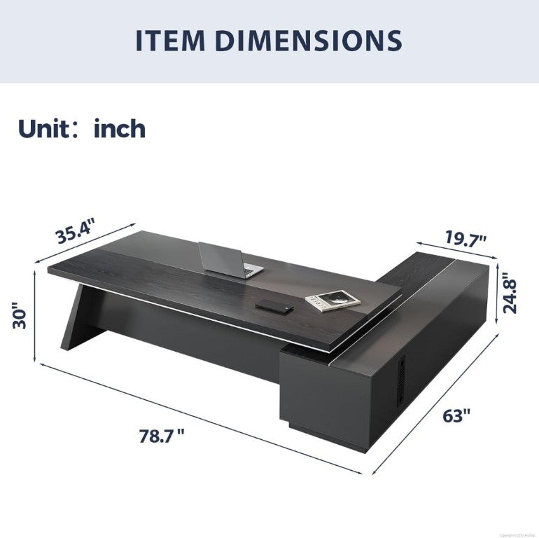 English Elm 79 Inch L Shaped Executive Desk with Built in Charging Drawers and Ventilated CPU Storage T6026S00011
