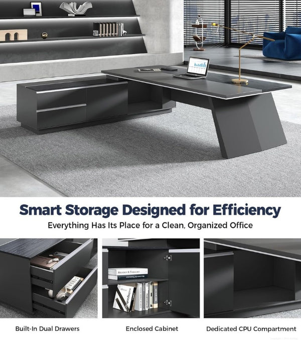 English Elm 79 Inch L Shaped Executive Desk with Built in Charging Drawers and Ventilated CPU Storage T6026S00011