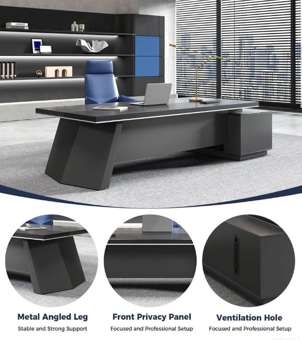 English Elm 79 Inch L Shaped Executive Desk with Built in Charging Drawers and Ventilated CPU Storage T6026S00011
