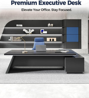 English Elm 79 Inch L Shaped Executive Desk with Built in Charging Drawers and Ventilated CPU Storage T6026S00011