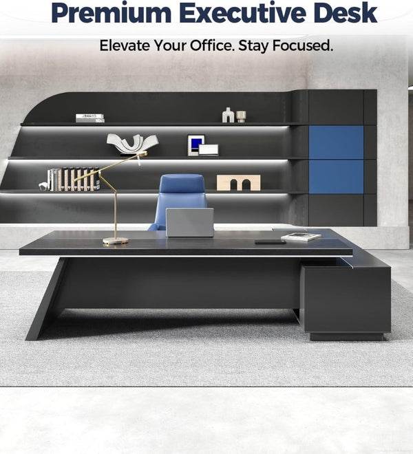 English Elm 79 Inch L Shaped Executive Desk with Built in Charging Drawers and Ventilated CPU Storage T6026S00011