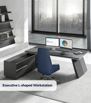 English Elm 79 Inch L Shaped Executive Desk with Built in Charging Drawers and Ventilated CPU Storage T6026S00011