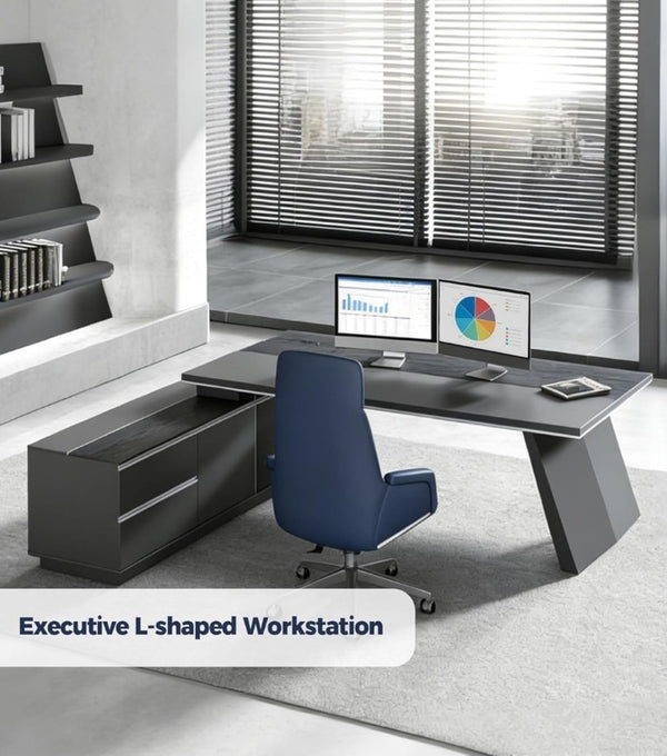 English Elm 79 Inch L Shaped Executive Desk with Built in Charging Drawers and Ventilated CPU Storage T6026S00011