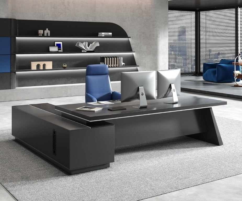 English Elm 87 Inch L-Shaped Executive Corner Desk with USB Charging Drawers and CPU Storage T6026S00012