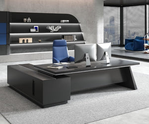 English Elm 87 Inch L-Shaped Executive Corner Desk with USB Charging Drawers and CPU Storage T6026S00012