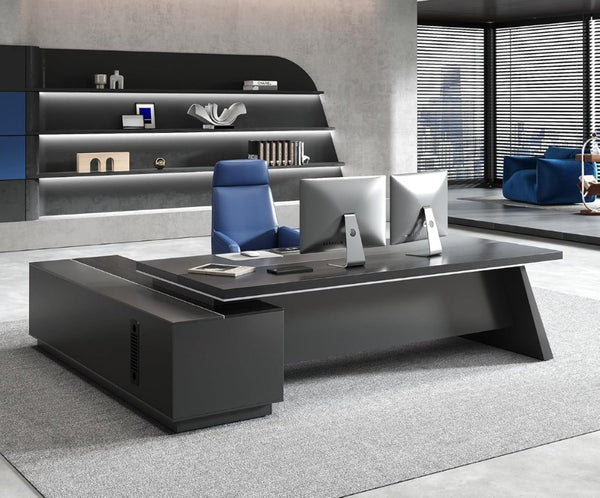 English Elm 87 Inch L-Shaped Executive Corner Desk with USB Charging Drawers and CPU Storage T6026S00012