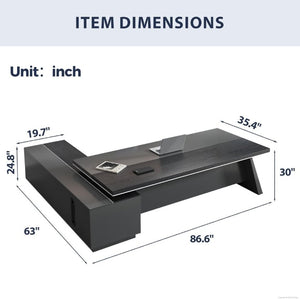 English Elm 87 Inch L-Shaped Executive Corner Desk with USB Charging Drawers and CPU Storage T6026S00012