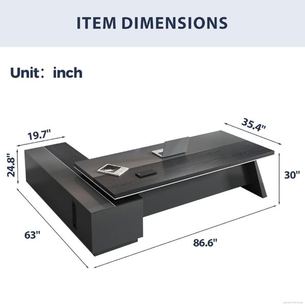 English Elm 87 Inch L-Shaped Executive Corner Desk with USB Charging Drawers and CPU Storage T6026S00012