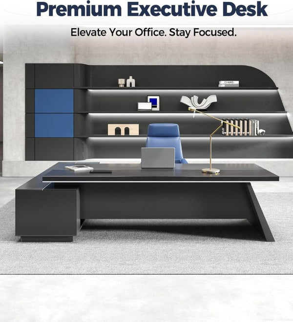 English Elm 87 Inch L-Shaped Executive Corner Desk with USB Charging Drawers and CPU Storage T6026S00012