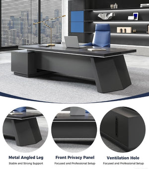 English Elm 87 Inch L-Shaped Executive Corner Desk with USB Charging Drawers and CPU Storage T6026S00012