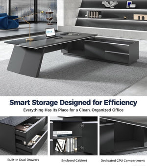 English Elm 87 Inch L-Shaped Executive Corner Desk with USB Charging Drawers and CPU Storage T6026S00012