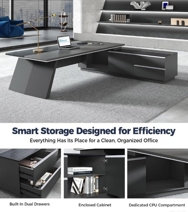 English Elm 87 Inch L-Shaped Executive Corner Desk with USB Charging Drawers and CPU Storage T6026S00012