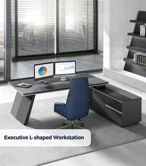 English Elm 87 Inch L-Shaped Executive Corner Desk with USB Charging Drawers and CPU Storage T6026S00012