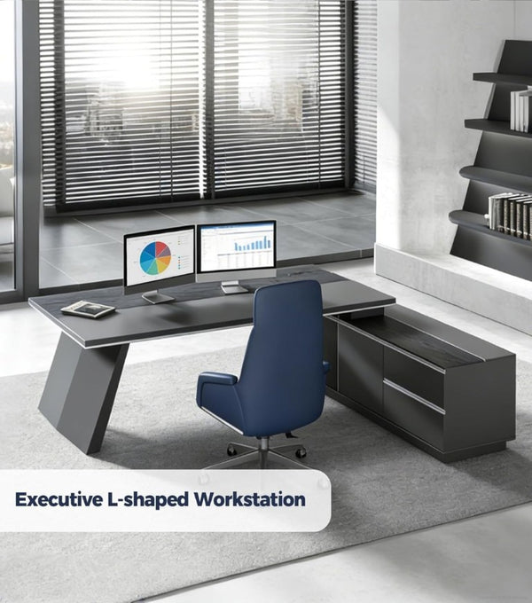 English Elm 87 Inch L-Shaped Executive Corner Desk with USB Charging Drawers and CPU Storage T6026S00012