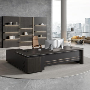 English Elm 79 Inch L-Shaped Executive Desk with USB Hub Lockable Drawers and Walnut Gray Finish T6026S00013