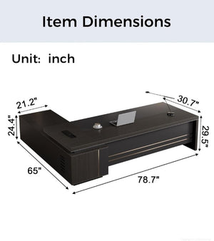 English Elm 79 Inch L-Shaped Executive Desk with USB Hub Lockable Drawers and Walnut Gray Finish T6026S00013